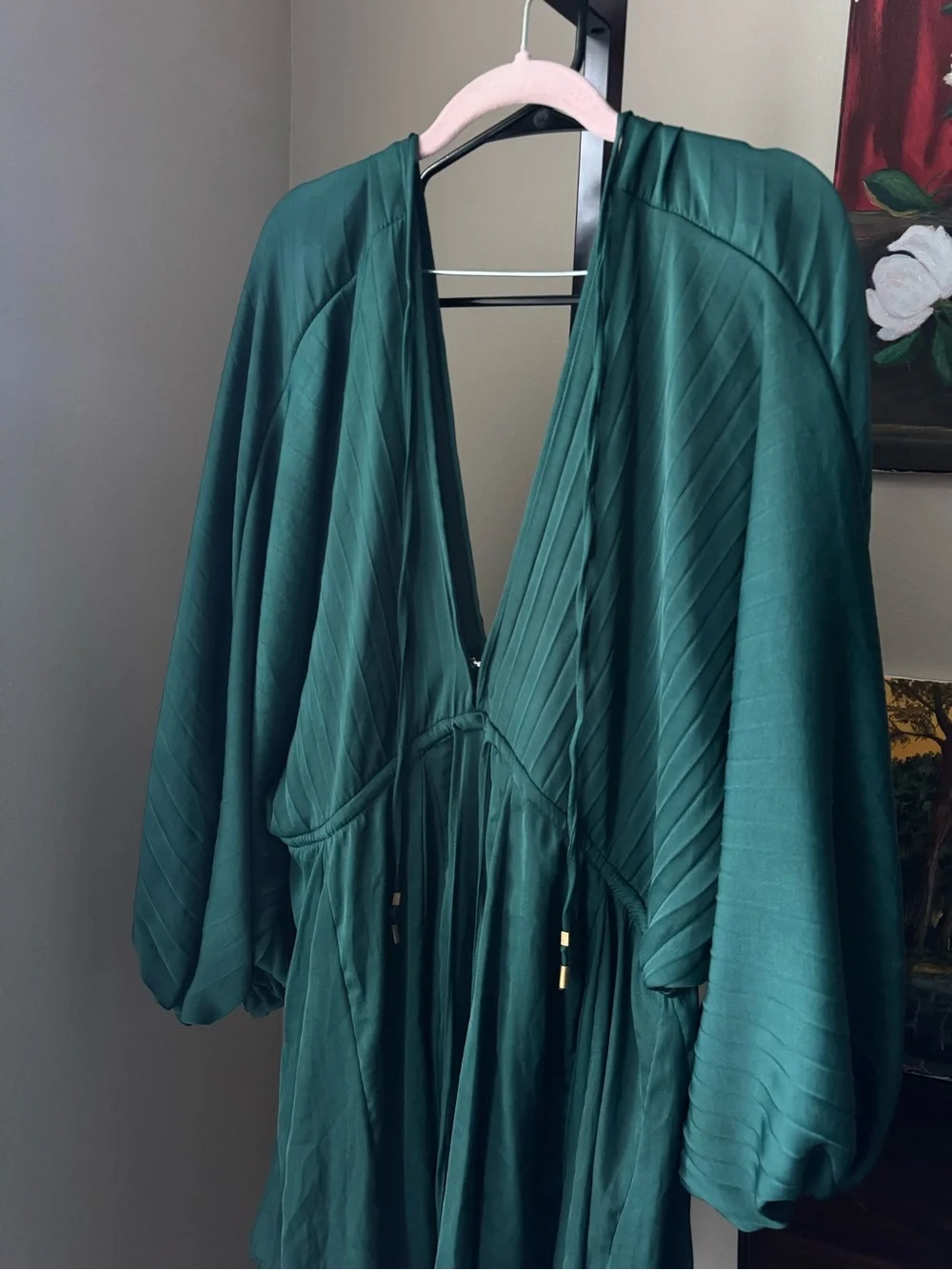 Free people Emerald Green V-Neck Mini Dress with Tie Waist - Picture 4 of 11